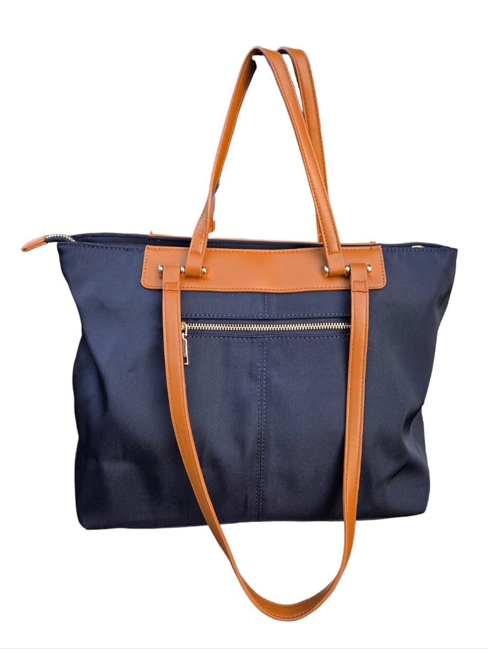 Miztique - NEW Women's Vegan & Nylon Tote Handbag in Tan and Navy w/ Striped Int